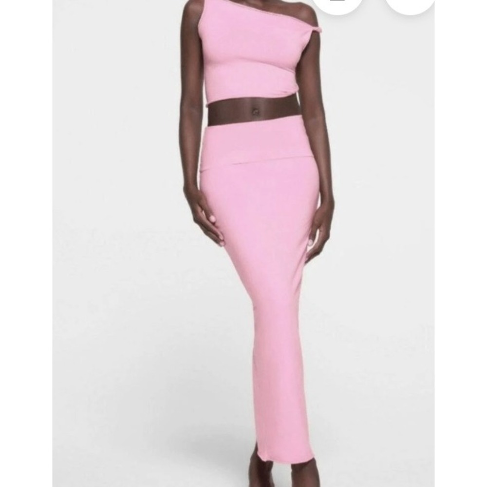 SKIMS Soft Lounge Foldover Maxi Skirt Pink XL Cotton Jersey Back Slit Long Skirt - Picture 2 of 7